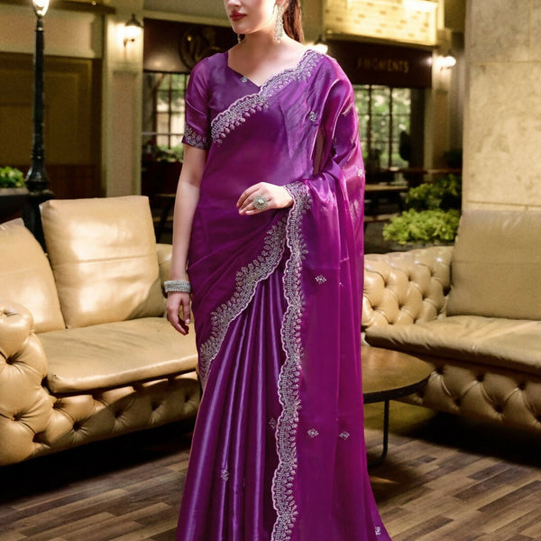 Vastranavya Purple Embroidery Work Shimmer Chiffon Saree with Unstitched Blouse