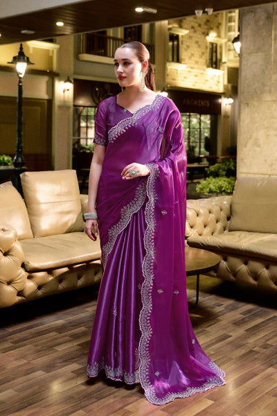 Vastranavya Purple Embroidery Work Shimmer Chiffon Saree with Unstitched Blouse