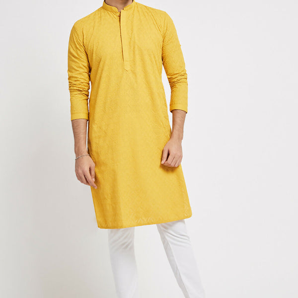 Ethnic India Yellow Men's Kurta Ethnic Motifs Cotton - Distacart