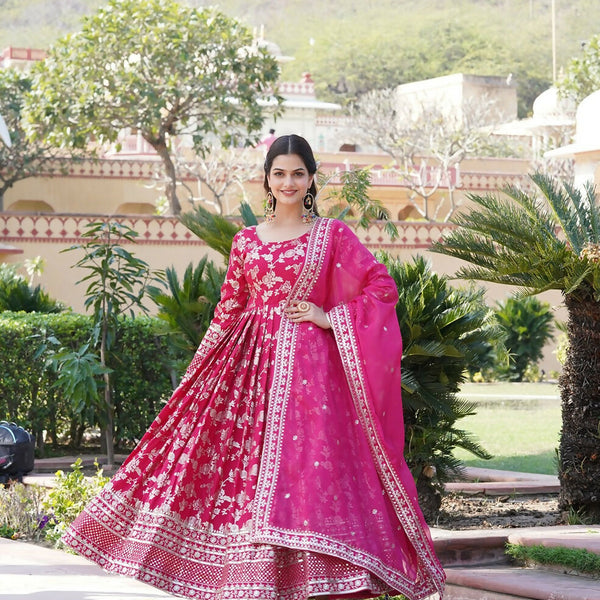 Joban Fashion Pink Viscose Jacquard Sequence Embroidery Work Kurta Set