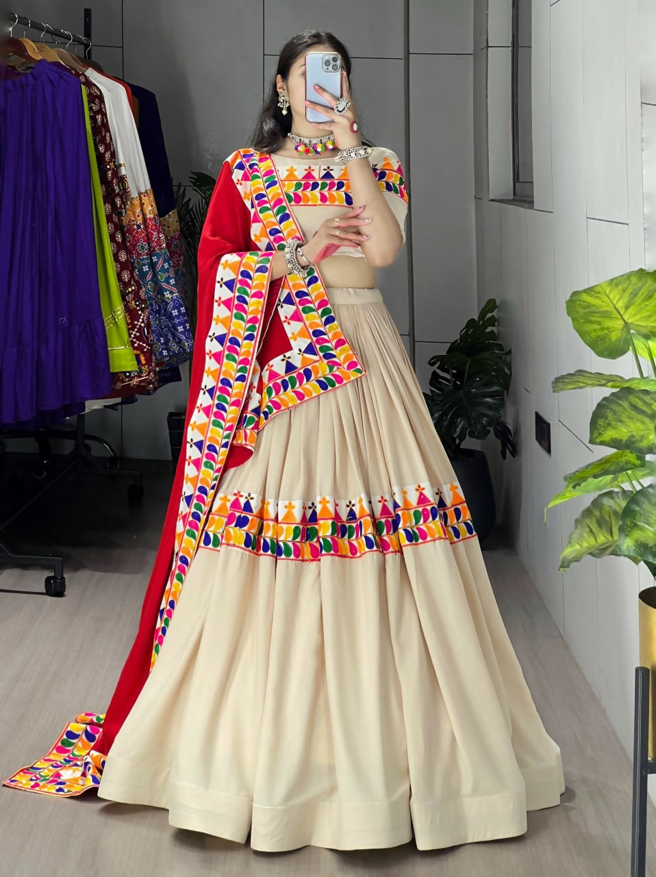 Yash Enterprise Cream Rayon Cotton Embroidery Semi Stitched Navratri Top Chaniya Choli - Dista