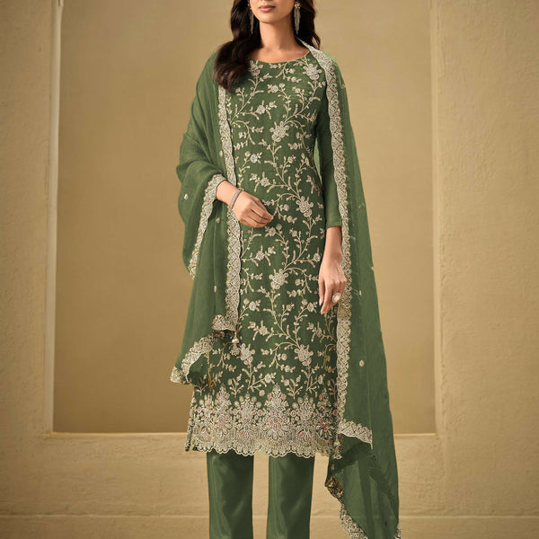 Anaita Mehndi Embroidered Silk Stitched Salwar Suit