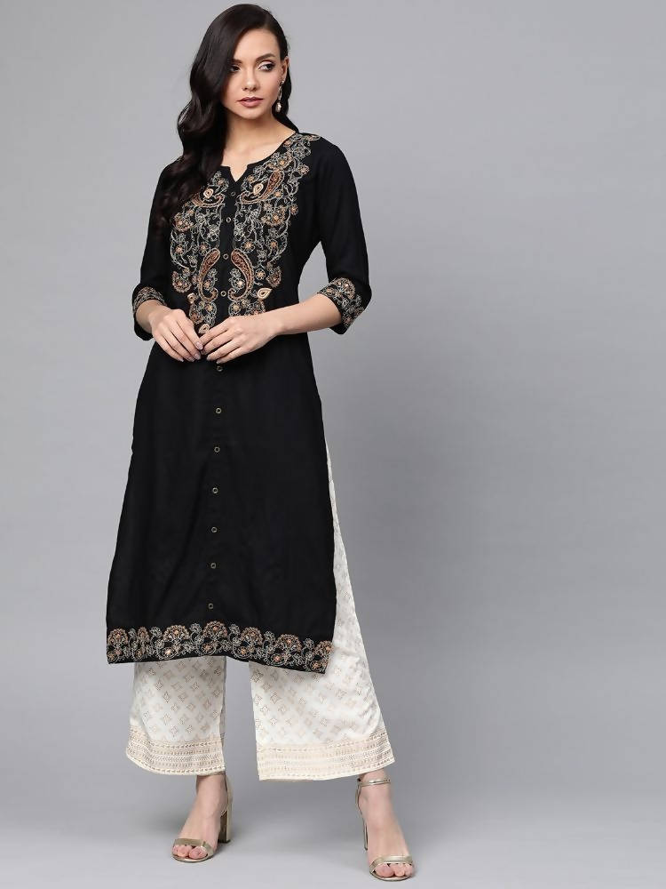 Anubhutee Black & Off-White Embroidered Kurta with Palazzos - Distacart