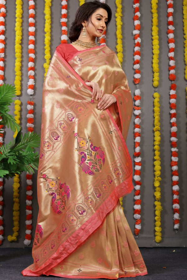 Jyoti Fashion Women's Peach Paithani Silk Zari Woven Saree with Blouse - Distacart