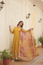 Thumbnail for Aastha Fashion Women's Yellow Faux Georgette Embroidery Zari Sequins-work Gown with Dupatta - Distacart