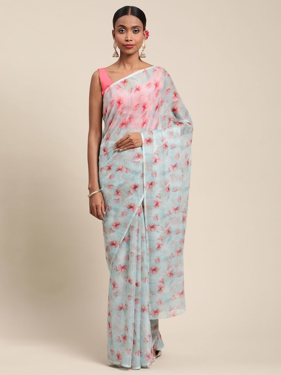 Ahalyaa Women's Summer Blue Chiffon Digital Print Floral Saree - Distacart