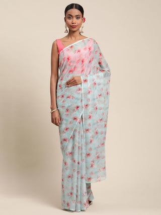 Ahalyaa Women's Summer Blue Chiffon Digital Print Floral Saree - Distacart