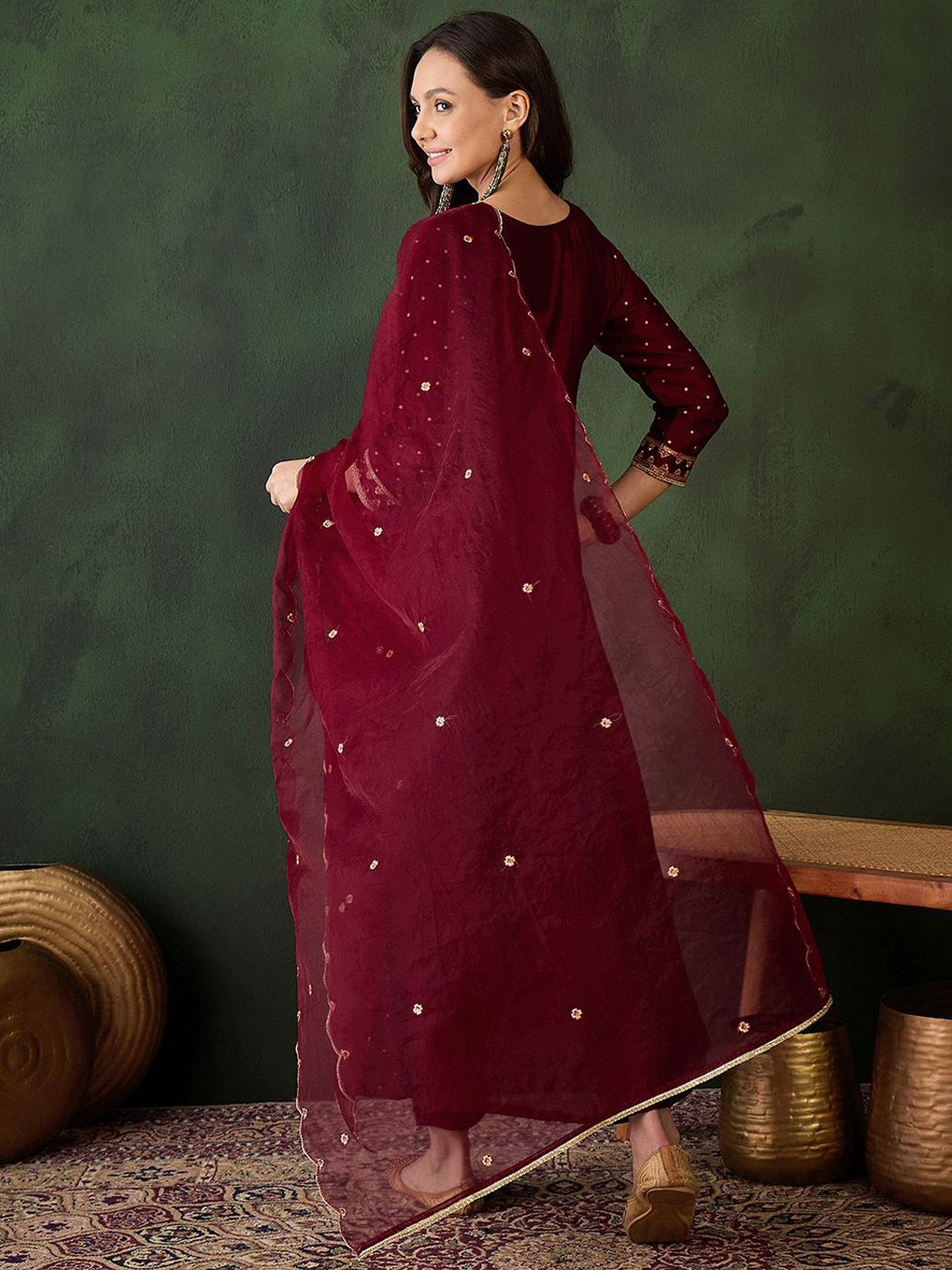 Sangria Geometric Printed Zari & Sequinned A-Line Kurta & Palazzo With Dupatta