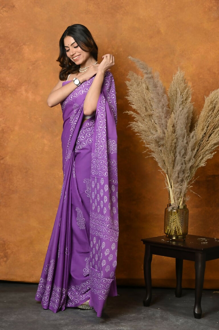 Very Much Indian Handblock Printed Cotton Saree With Natural Dyes - Purple - Distacart