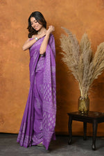 Thumbnail for Very Much Indian Handblock Printed Cotton Saree With Natural Dyes - Purple - Distacart