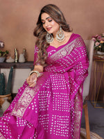 Thumbnail for Aastha Fashion Magenta Pure Dola Silk Handmade Original Bandhej Saree - Distacart