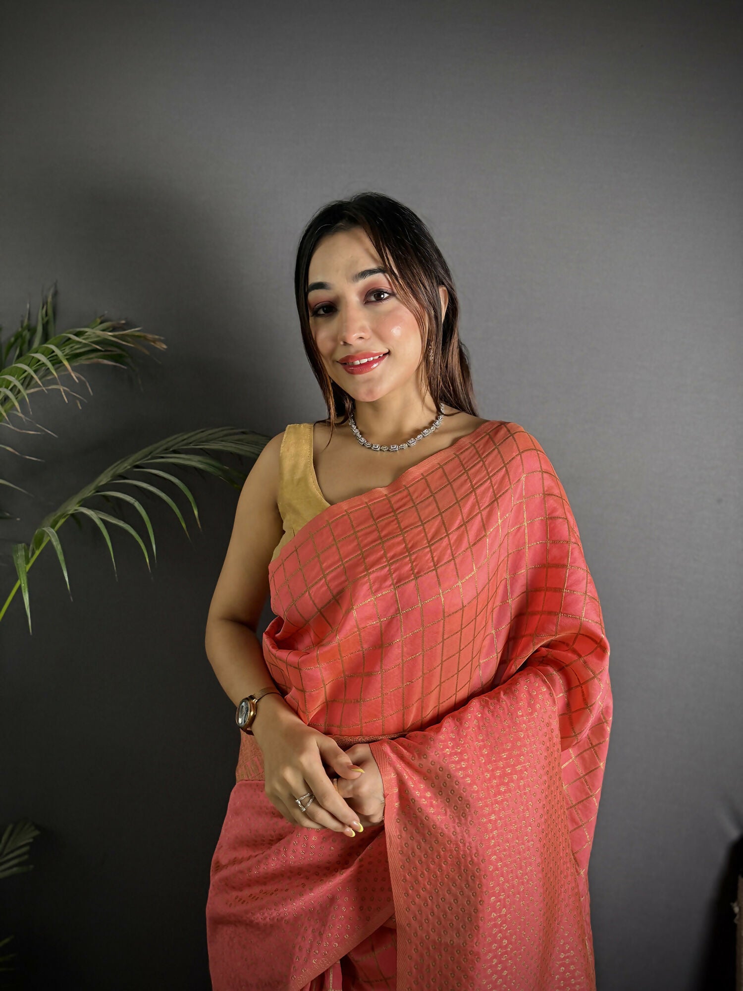 Joban Fashion Peach Banarasi Soft Lichi Silk Checks & Woven Saree