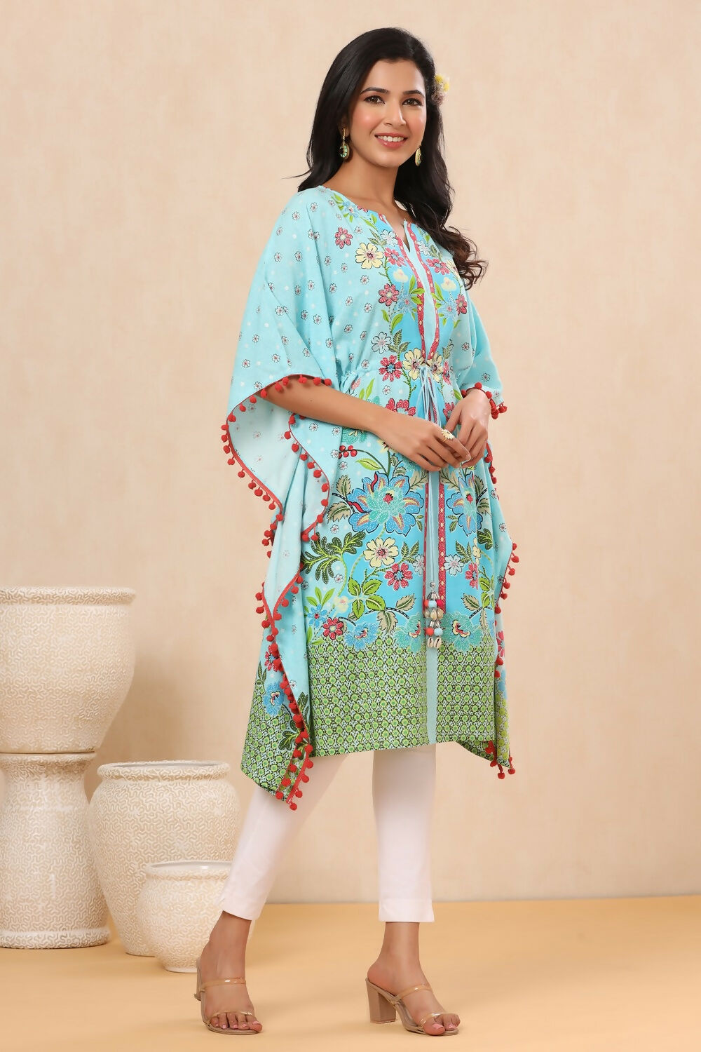 Juniper Sky Blue Floral Printed Calf-Length Rayon Kaftan. - Distacart