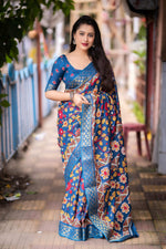 Thumbnail for Blue Slub Silk Printed Saree with Unstitched Blouse - Hiral Fashion - Distacart
