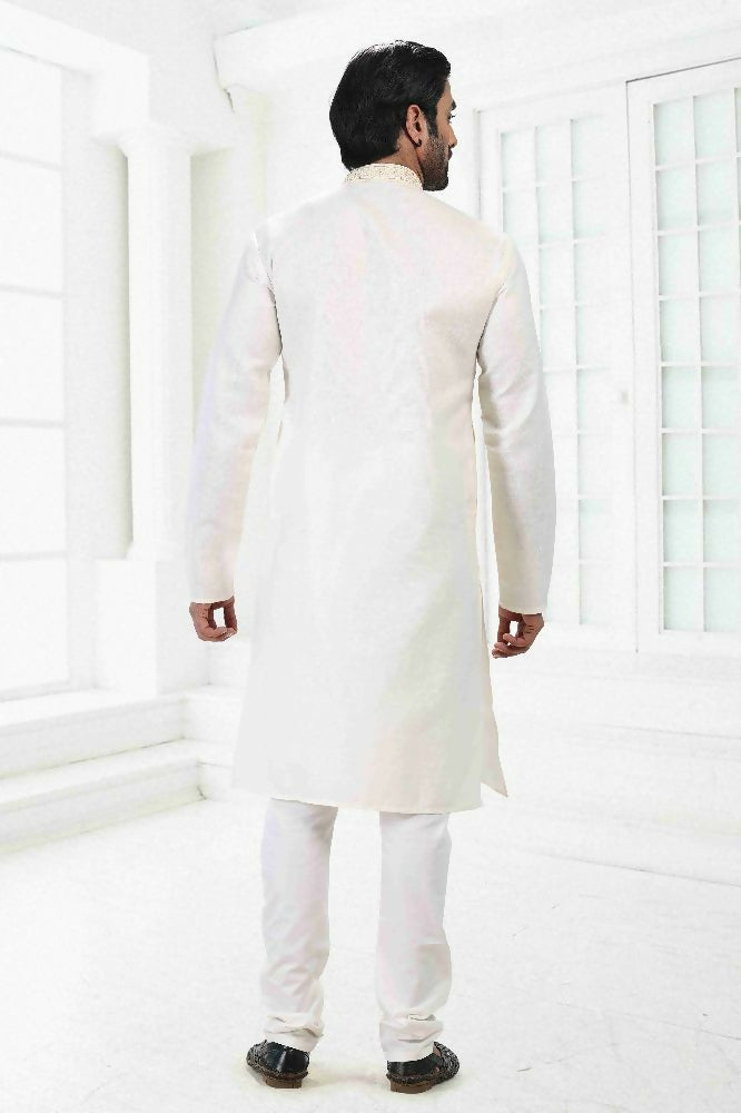 Raivat Ethnic Linen Cotton Thread Work Kurta Pajama In Cream Colour - Dista