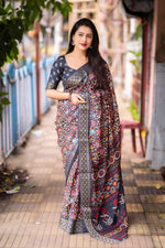 Thumbnail for Grey Slub Silk Printed Saree with Unstitched Blouse - Hiral Fashion - Distacart
