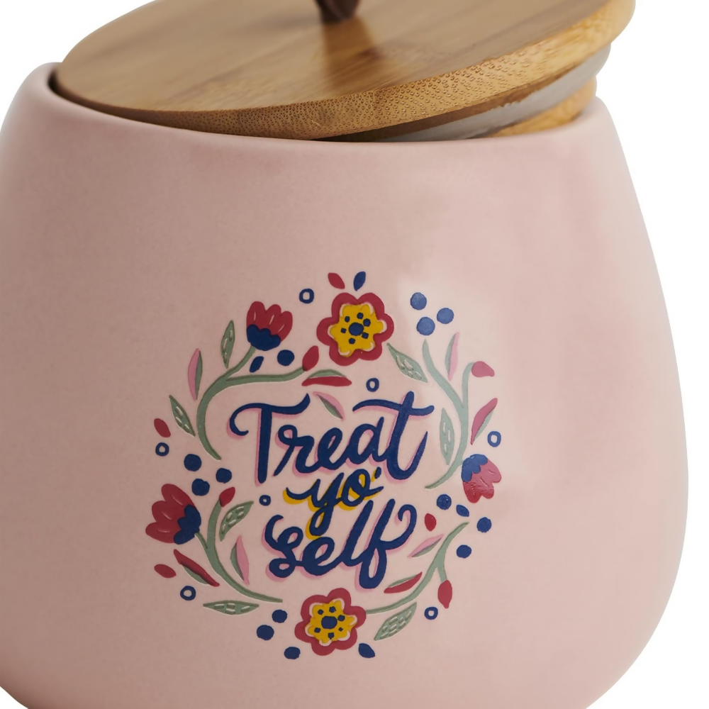 Chumbak Pink Ceramic Storage Jar with Wooden Lid - Dista