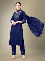 Thumbnail for Jyoti Fashion Women's Navy Blue Cotton Blend Embroidery & Fancy Lace work Kurta with Trouser & Dupatta - Distacart