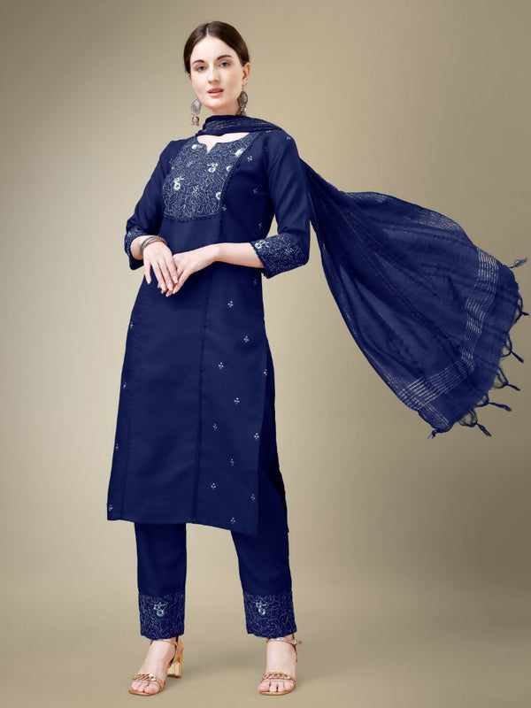 Jyoti Fashion Women's Navy Blue Cotton Blend Embroidery & Fancy Lace work Kurta with Trouser & Dupatta - Distacart