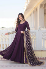 Thumbnail for Jyoti Fashion Women's Wine Faux Blooming Sequins Zari Embroidered Anarkali Dress with Dupatta - Distacart