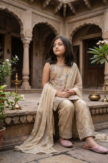 Teeya Creation Trendy Stylish Kids Wear Heavy Embroidery Sequence Work Kurta Set -Beige - Dista