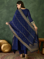 Thumbnail for The52 Blue Women's Gorgeous Embroidered Work Vichitra Silk Fabric Flared Kurta Pant and Dupatta Set - Distacart