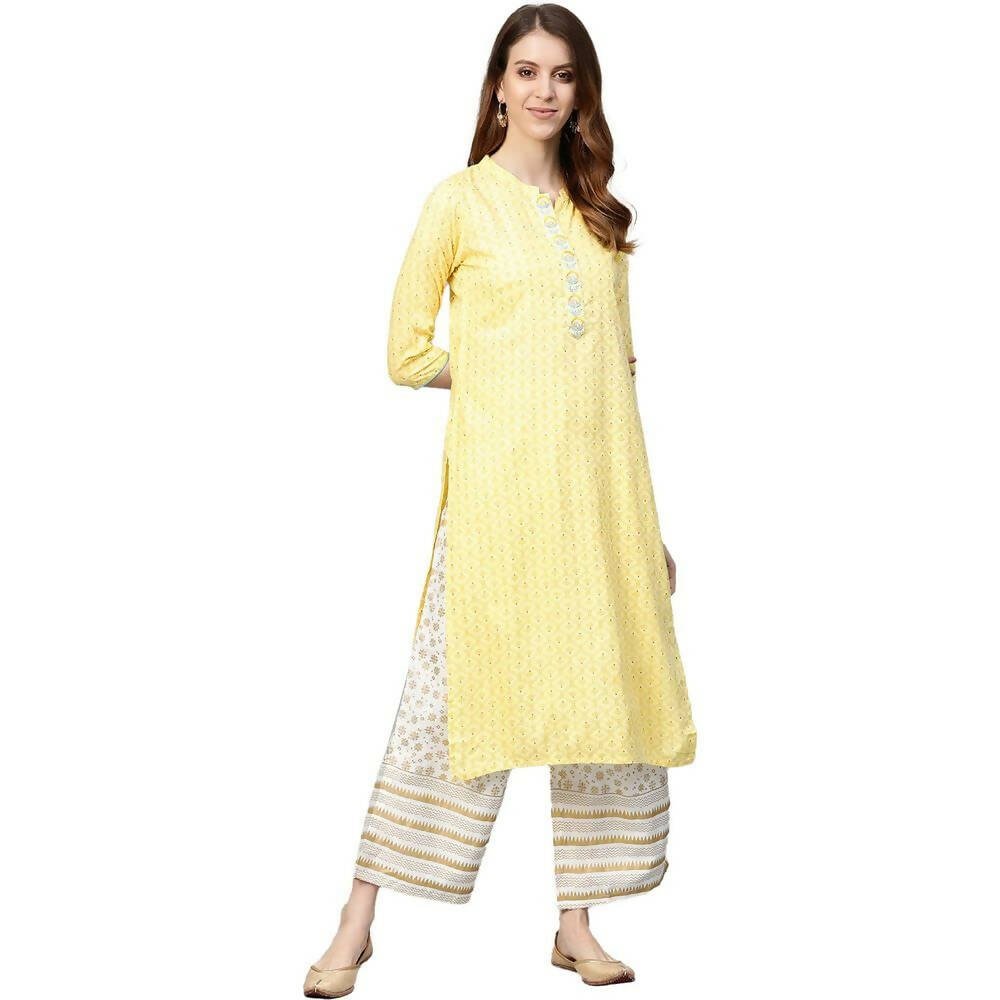 Anubhutee Women's Rayon Regular Printed Yellow Kurta with Palazzo - Distacart