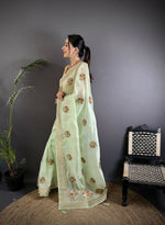 Thumbnail for Joban Fashion Light Green Handloom Banarasi Organza Silk Khatali Butta Work Saree