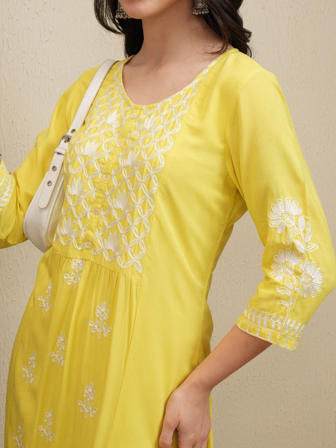 Vishudh Yellow Floral Embroidered Round Neck Thread Work Straight Kurta With Palazzos - Distacart