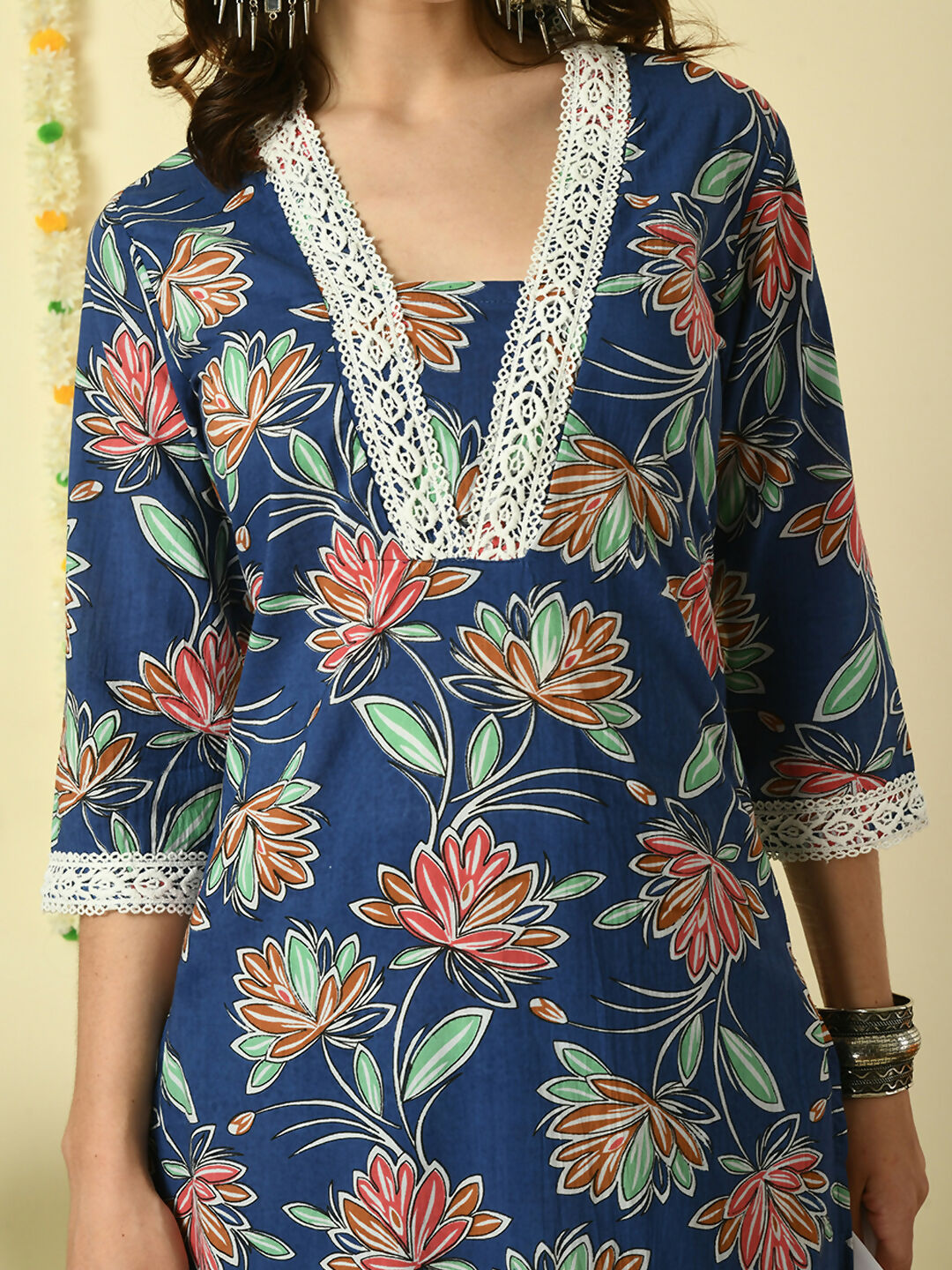 Myshka Women's Blue Pure Cotton Kurta & Trousers With Dupatta Party Sets - Distacart