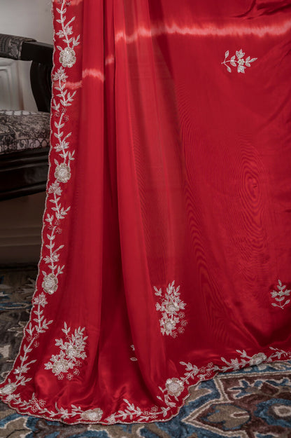 Morchari Red Crepe Hand Embroidery Saree And Stitched Blouse - Distacart
