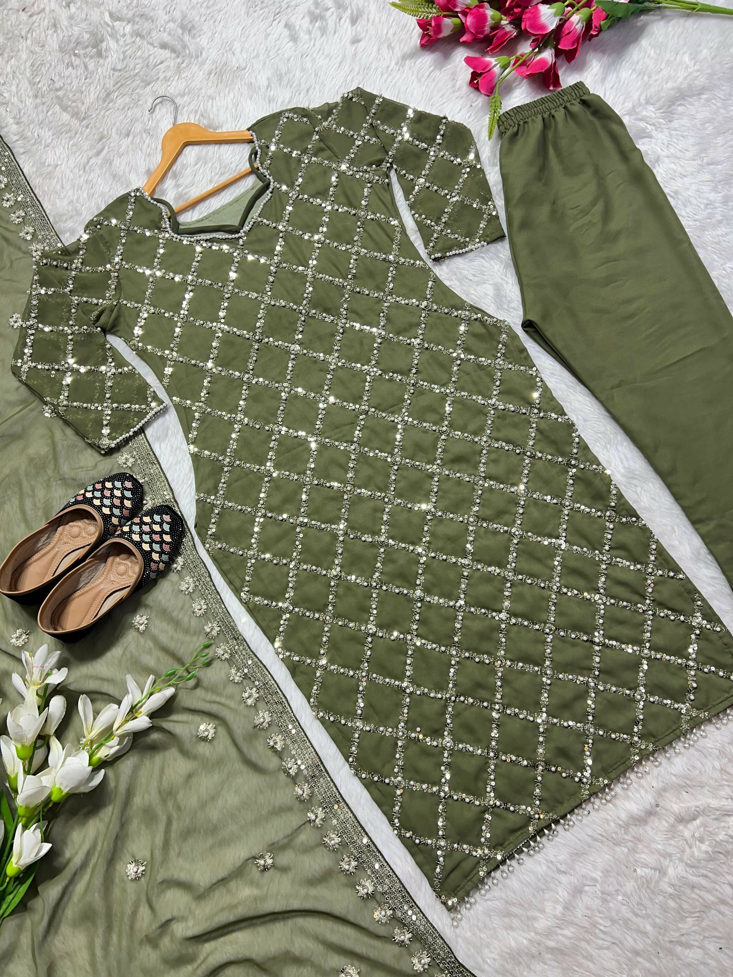 Preksha Creation Indian Festival Special Women Faux Georgette Sequence Embroidered Work Top And Pant With Dupatta - Green - Distacart