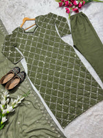 Thumbnail for Preksha Creation Indian Festival Special Women Faux Georgette Sequence Embroidered Work Top And Pant With Dupatta - Green - Distacart