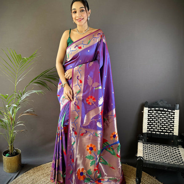 Joban Fashion Purple Zari Woven Floral Motifs Soft Silk Paithani Silk Saree - Distacart