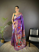 Thumbnail for Joban Fashion Purple Zari Woven Floral Motifs Soft Silk Paithani Silk Saree - Distacart