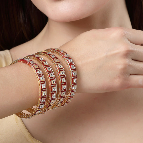 NVR Women's Set Of 4 Gold-Plated Red Kundan-Studded Traditional Bangles - Distacart