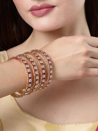 Thumbnail for NVR Women's Set Of 4 Gold-Plated Red Kundan-Studded Traditional Bangles - Distacart