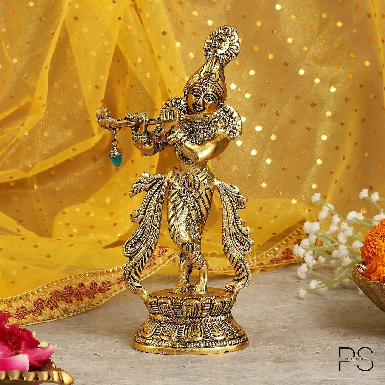 Purestory Lord Krishna Metal Statues Playing Flute - Distacart