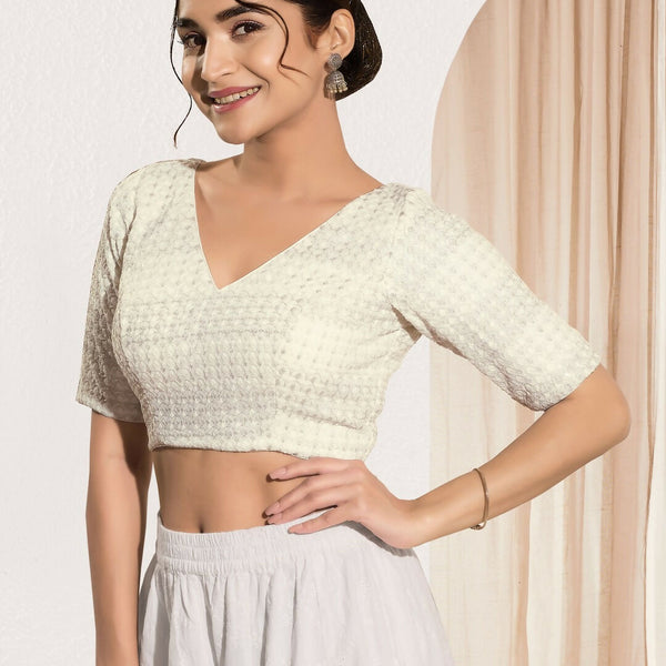 Joban Fashion Off White Crochet Padded Blouse With V Neck Elbow Sleeves - Distacart