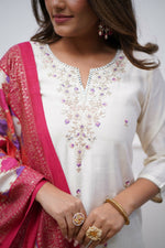 Thumbnail for The52 Off White Beautiful Embroidered Viscose Chanderi Fabric Straight Kurta Pant with Dupatta Set - Distacart