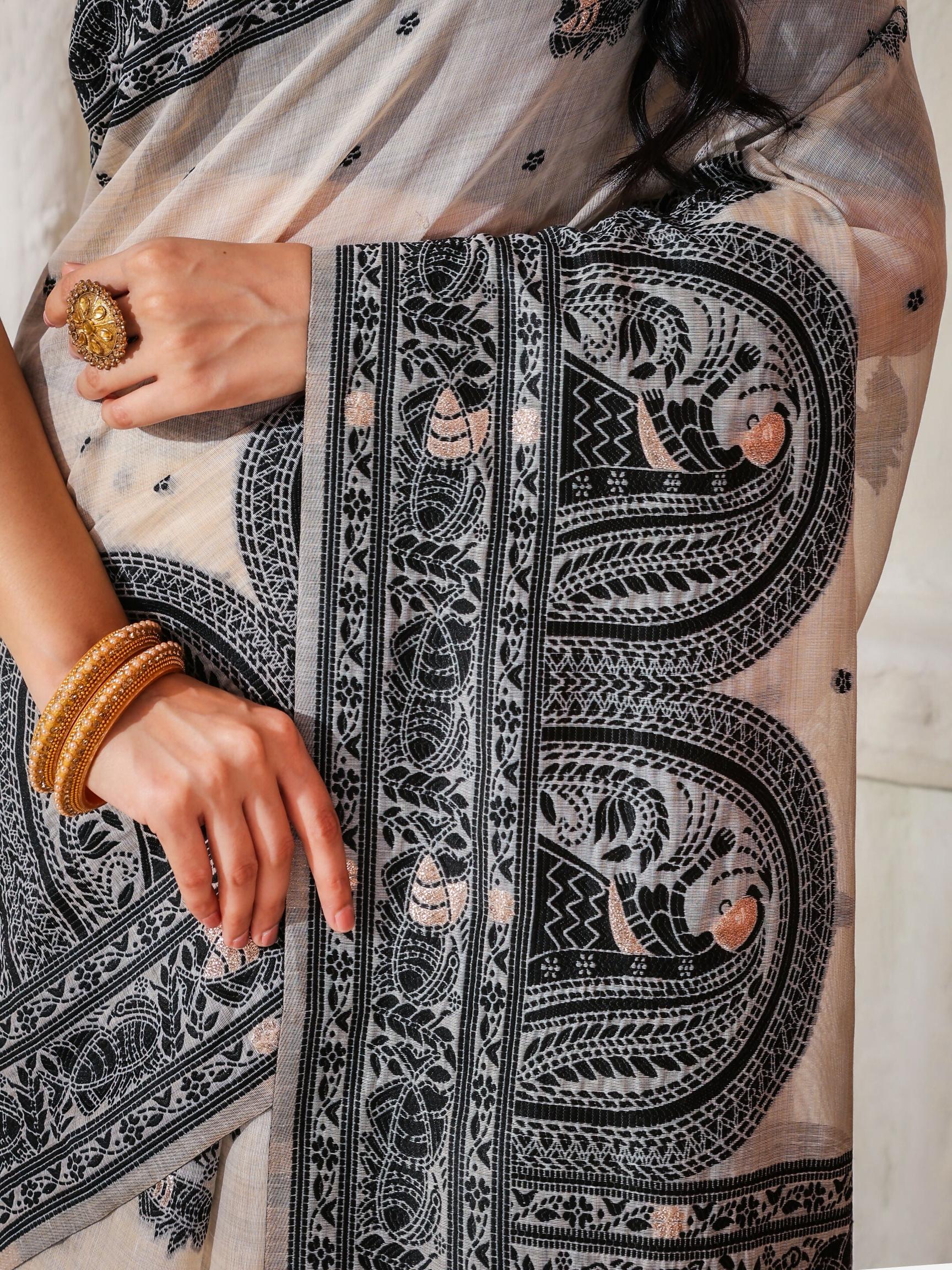Astita Linen Cotton Black & Cream Saree