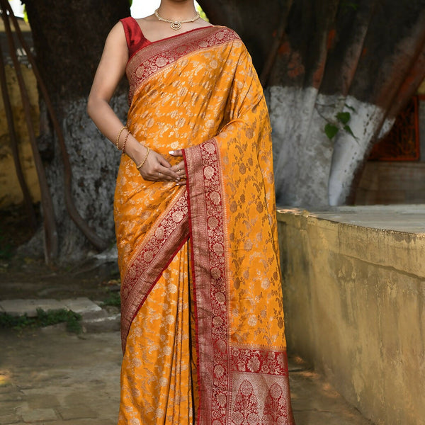 Joban Fashion Gold Crepe Chiffon Pure Handloom Banarasi Silk Saree