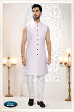 Thumbnail for Joban Fashion Men's White Straight Silk Thread And Sequence Embroidery All Over 3 Pc Kurta Set - Distacart