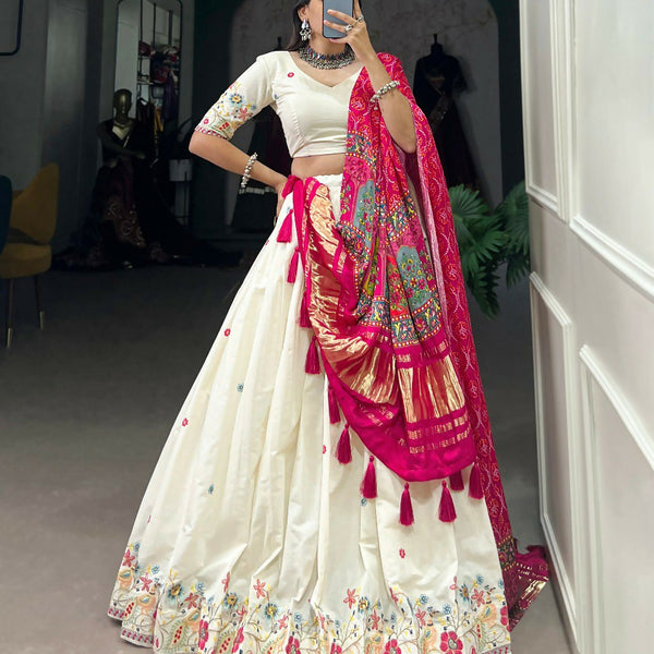 Vastranavya Traditional Special Khadi Cotton Sequins And Thread Embroidery Work Lehenga with Unstitched Blouse - White - Distacart