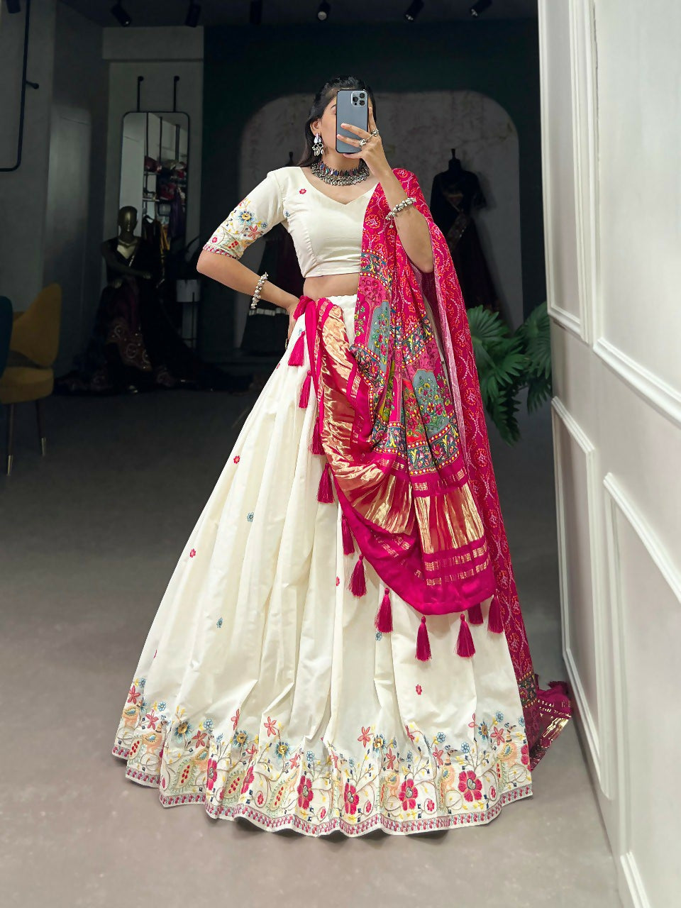 Vastranavya Traditional Special Khadi Cotton Sequins And Thread Embroidery Work Lehenga with Unstitched Blouse - White - Distacart