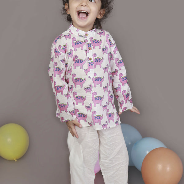 Breathables Kids Boys & Girls Cotton Night Suit – Purple Dinosaur Print Kurta & Pyjama Co-Ord Set - Dista