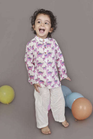 Breathables Kids Boys & Girls Cotton Night Suit – Purple Dinosaur Print Kurta & Pyjama Co-Ord Set - Dista