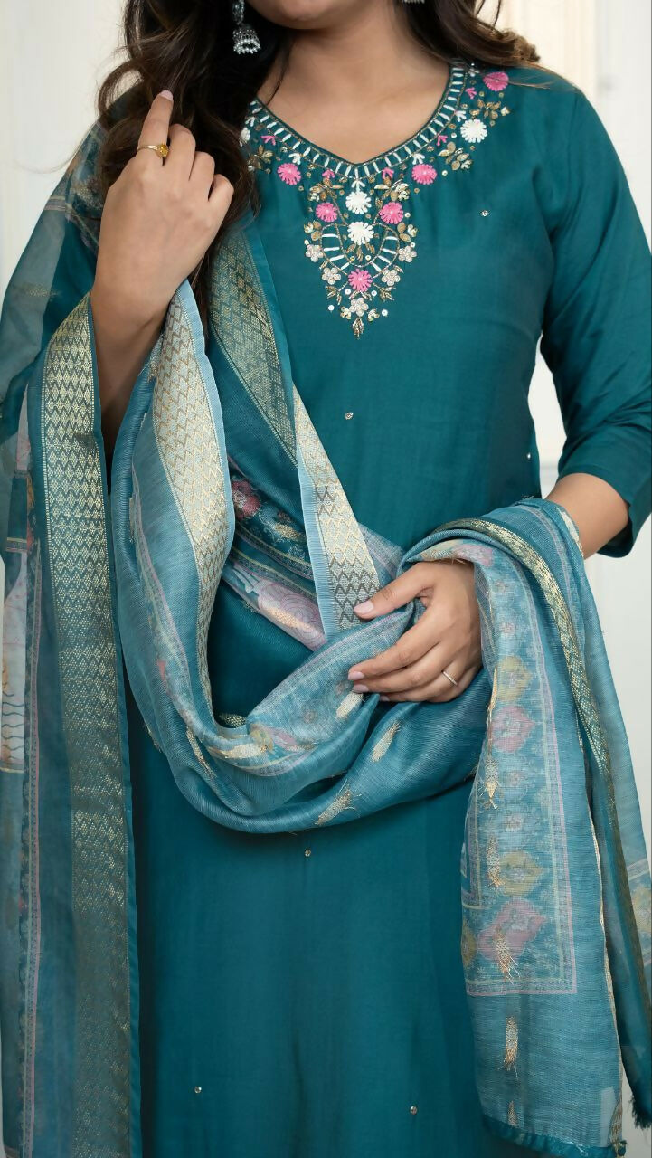Preksha Creation Premium Roman Silk Hand Work Kurti Pant Dupatta Set