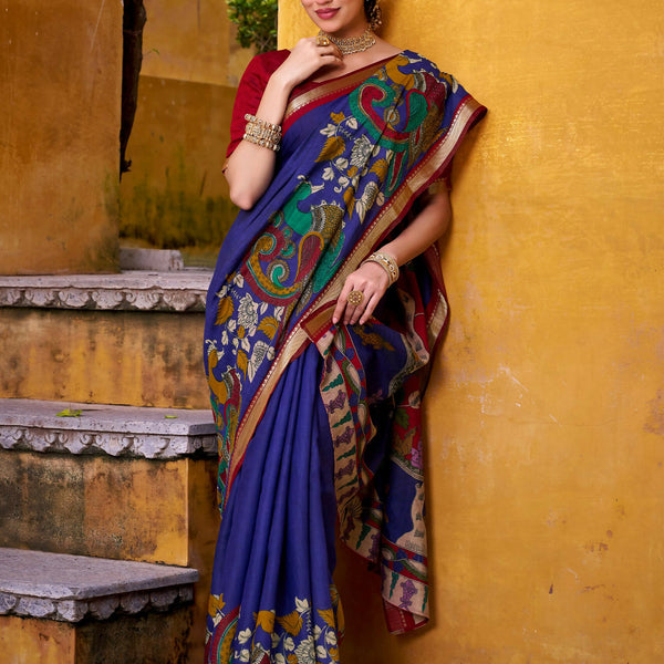 Vastranavya Blue Viscose Chanderi Kalamkari Print with Zari Working Saree & Unstitched Blouse - Distacart