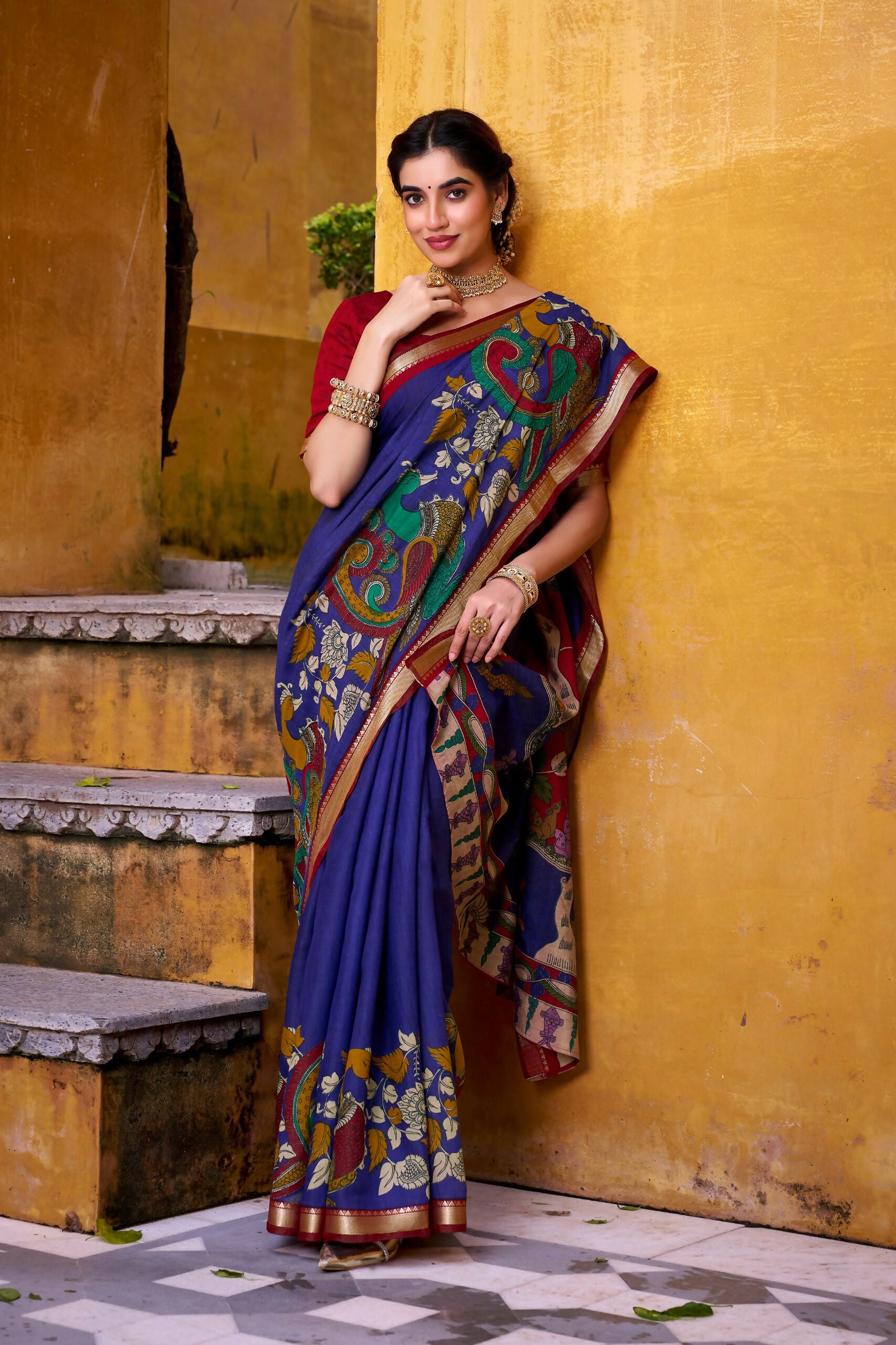 Vastranavya Blue Viscose Chanderi Kalamkari Print with Zari Working Saree & Unstitched Blouse - Distacart